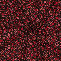 Tissu Viscose imprimé Petites fleurs Corail et Rouge sur fond Noir