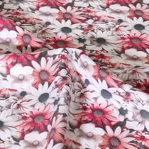 Tissu Viscose Sanfor Pink daisy rose sur fond Blanc