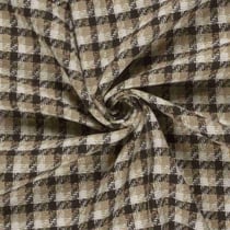 Tissu Jacquard toucher laine damier Beige et Ecru sur fond Marron foncé