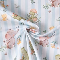 Tissu Coton imprimé digital Arty Dino et éléphants rayé bleu sur fond Blanc