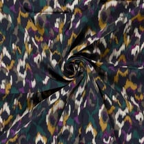 Tissu Viscose Satiné Léopard abstrait Pourpre et Jaune moutarde sur fond Bleu nuit