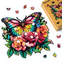 Puzzle en Bois Adulte et Enfant Figured'Art 200 pièces Animaux - Papillon et Roses - Design Original 29x28,3 cm Forme Unique avec Coffret en bois Premium, Parfait pour Offrir en Cadeau