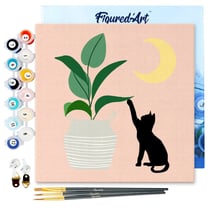 Mini Peinture par Numéro Figured'Art 20x20cm avec cadre Chaton et Plante au clair de Lune - Petit Format