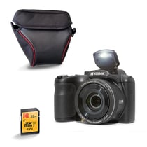 KODAK Pack Pixpro AZ255 + Carte Mémoire SD 32Go + Etui - Appareil Photo Bridge Numérique 16MP, Zoom Optique 25X, Stabilisateur, Video Full HD 1080p, Grand angle 24 mm, Ecran LCD 3 '', Pile AA - Noir
