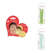 Kit pour biscuit en relief Coeur + 2 Stylos au chocolat vert clair et vert d'eau