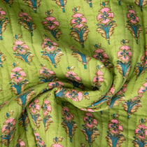 Tissu Coton Matelassé réversible Block print Indien Gange fleuris sur fond Vert