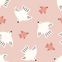 Tissu Popeline de Coton Colombe oiseaux enfantin sur fond Rose poudré