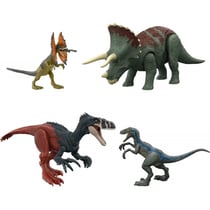 Pack jurassic world : 4 dinosaures : velociraptor blue megaraptor triceratops et dilophosaurus - dino - mattel hjj85
