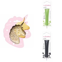 Kit pour biscuit en relief Licorne + 2 Stylos au chocolat vert clair et noir