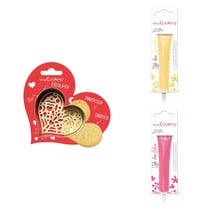 Kit pour biscuit en relief Coeur + 2 Stylos au chocolat jaune pastel et fuchsia