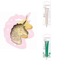 Kit pour biscuit en relief Licorne + 2 Stylos au chocolat blanc et vert