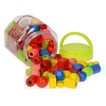 Baril de 72 perles en bois a enfiler, a lacer - couleurs et formes variees - jeu activite creative