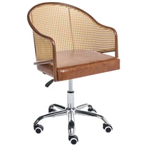 Chaise de Bureau Marron en Cuir PU et Rotin PE Tresse Viennoise Dossier Réglable Pivotant Style Retro