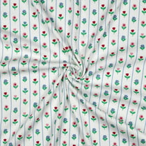 Tissu Jersey Coton imprimé Rayures fleuris Melodie vert sur fond Blanc