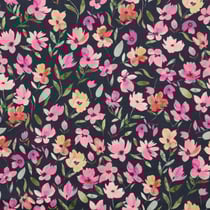 Tissu Velours milleraies Poppy Fleurs roses sur fond Bleu marine
