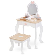 Jouet D'imitation Coiffeuse Enfant Imitation Beauté Coiffeuse Bois avec Miroir Tabouret Lisseur