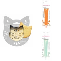 Kit pour biscuit en relief Chat + 2 Stylos au chocolat orange et vert d'eau