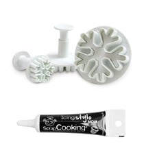 3 découpoirs et éjecteurs pâte à sucre Flocons + Stylo glaçage noir