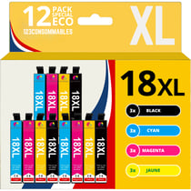 123CONSOMMABLES - T18XL - Cartouches d'encre Compatible avec Epson 18XL pour Imprimante Expression Home XP100 XP102 XP200 XP202 XP205 (Pack 12) - 123CONSOMMABLES