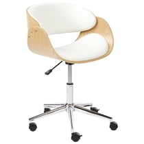 Chaise de Bureau Bois Clair et Cuir PU Blanc Siège Réglable Fonction Pivotante Pieds en Métal Mobilier de Bureau Élégant