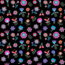 Tissu Coton imprimé Loulou fleuris sur fond Noir