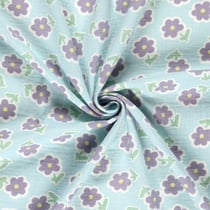 Tissu Double gaze de Coton Fleuris lilas sur fond Bleu ciel