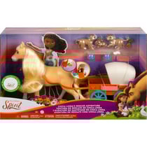 Coffret spirit : jument chica linda et sa petite carriole - cheval 20 cm + lapin + accessoires - mattel