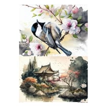 1 feuille de papier de riz 21 x 29,7 cm AB Studio OISEAU TEMPLE 1734