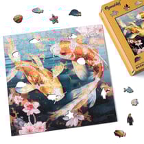 Puzzle en Bois Adulte et Enfant Figured'Art 200 pièces Animaux - Carpe Koï et Fleurs - Design Original 28,5x28,5 cm Forme Unique avec Coffret en bois Premium, Parfait pour Offrir en Cadeau