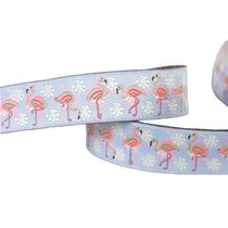 Bobine 15m galon jacquard flamants roses bleu clair 16mm