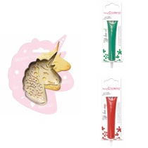 Kit pour biscuit en relief Licorne + 2 Stylos au chocolat vert et rouge