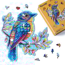 Puzzle en Bois Adulte et Enfant Figured'Art 200 pièces Animaux - Oiseau bleu sur la Branche - Design Original 31,2x32 cm Forme Unique avec Coffret en bois Premium, Parfait pour Offrir en Cadeau