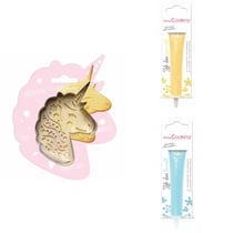 Kit pour biscuit en relief Licorne + 2 Stylos au chocolat jaune pastel et bleu pastel
