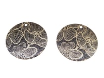 2 Breloques rondes pailletées 20mm imprimé fleur de lotus noir et doré