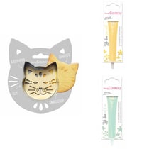 Kit pour biscuit en relief Chat + 2 Stylos au chocolat jaune pastel et vert d'eau