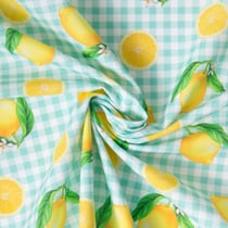 Tissu Coton imprimé Carreaux et citrons jaunes sur fond Blanc