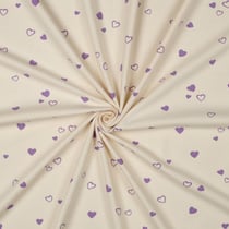 Tissu Jersey Coton imprimé Bio Petits Coeurs Violets sur fond Ecru