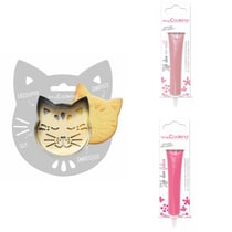 Kit pour biscuit en relief Chat + 2 Stylos au chocolat rose pastel et fuchsia