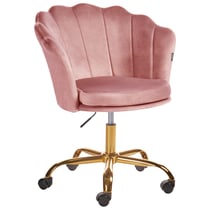 Chaise de Bureau Rose en Velours Glamour Fauteuil Coquillage Pivotant à Base en Etoile Dorée Assise Réglable avec Vérin Frein de Sécurité