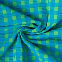 Tissu Seersucker légèrement extensible carreaux Bleu et Vert