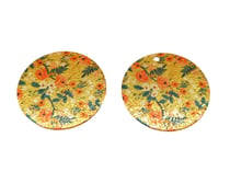 2 Breloques rondes pailletées 20mm imprimé fleur doré vert orange