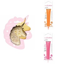Kit pour biscuit en relief Licorne + 2 Stylos au chocolat orange et fuchsia