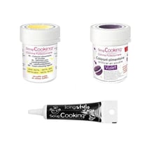 2 colorants alimentaires violet-jaune pastel + Stylo glaçage noir