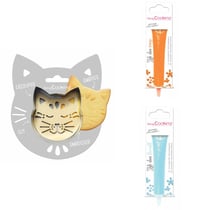 Kit pour biscuit en relief Chat + 2 Stylos au chocolat orange et bleu pastel