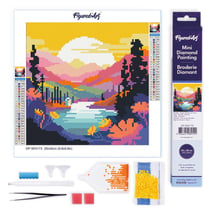 Mini Diamond Painting Broderie Diamant Figured’Art 25x25cm toile entière roulée avec diamants ronds - Coucher de Soleil Coloré au Bord du Lac
