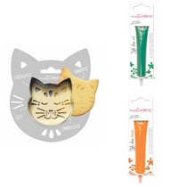 Kit pour biscuit en relief Chat + 2 Stylos au chocolat vert et orange