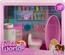 Poupée barbie maison : la salle de bain de barbie avec 20 accessoires - mattel - hyr09