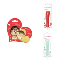 Kit pour biscuit en relief Coeur + 2 Stylos au chocolat rouge et vert d'eau