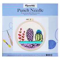 Figured'Art Punch Needle Kit Complet pour Adultes et Enfants - Cactus sur fond blanc - Parfait pour Débutant. Set prêt à broder taille 20x20cm avec cadre circulaire