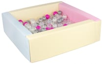 Piscine à balles carrée avec 200 balles - bords 3 couleurs/perle, transparent, rose, argent